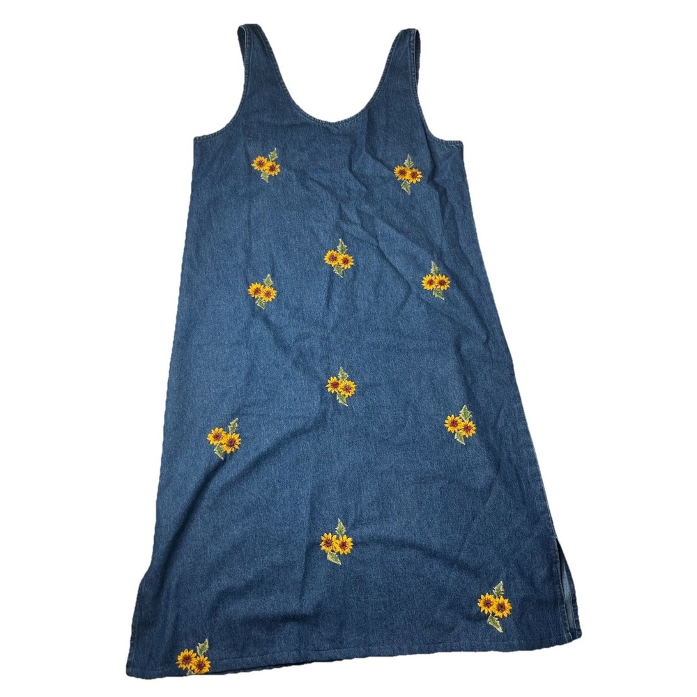 Vtg Floral Embroidered Denim Dress Sunflower Y2K Size Medium Denim‎ Du Jour Jean